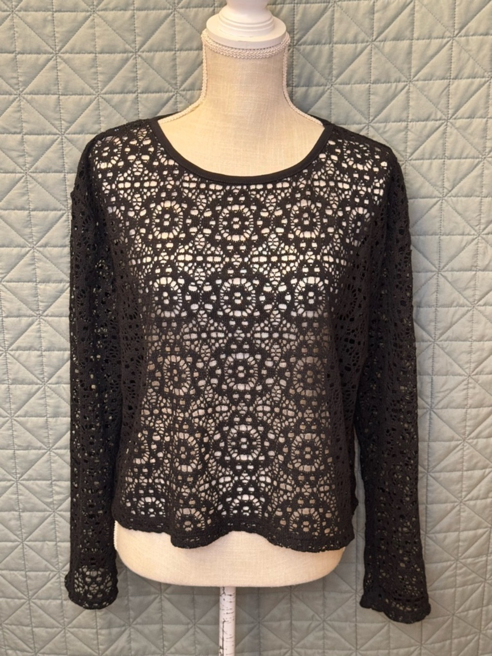 No Boundaries Black Crochet Long-Sleeve Pullover